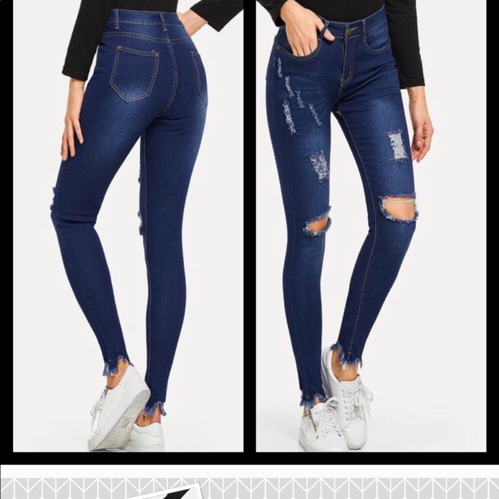 New High Waisted Skinny Stretch Dark Wash Raw Hem